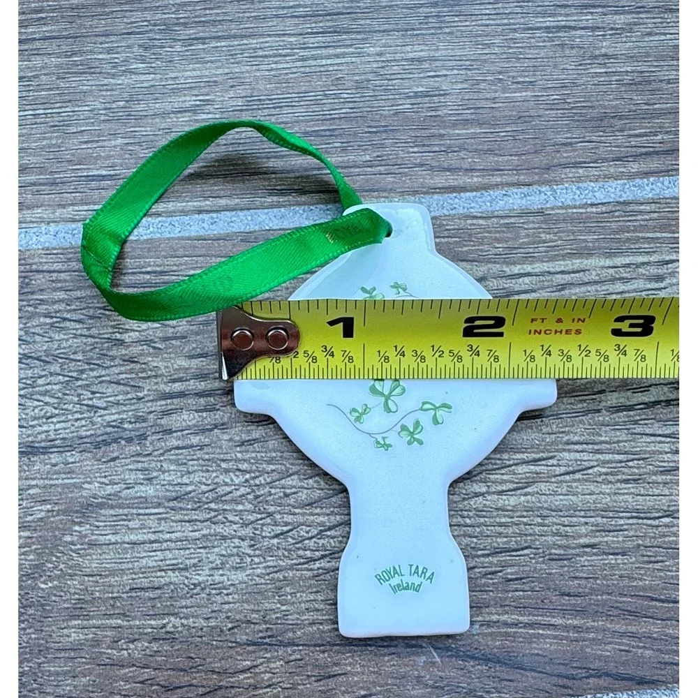 Royal Tara Ireland Fine Bone China Celtic Cross Shamrock Ornament Green Ribbon